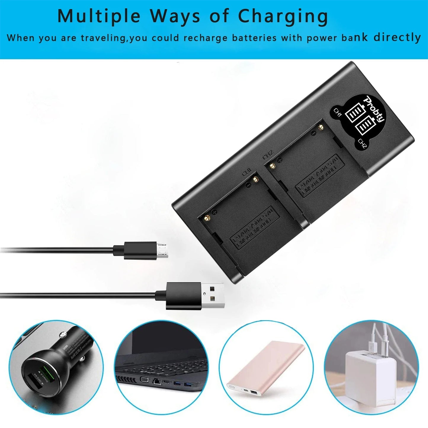 LED Dual Camera Battery Charger – Compatible with LP-E6, LP-E8, NP-FW50, EN-EL15, and More