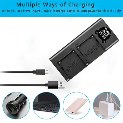LED Dual Camera Battery Charger – Compatible with LP-E6, LP-E8, NP-FW50, EN-EL15, and More