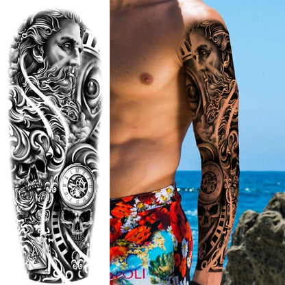 Temporary Tattoo Sleeve - Realistic Full Arm Skull Angel Maori Design Tattoo Sticker for Men & Women