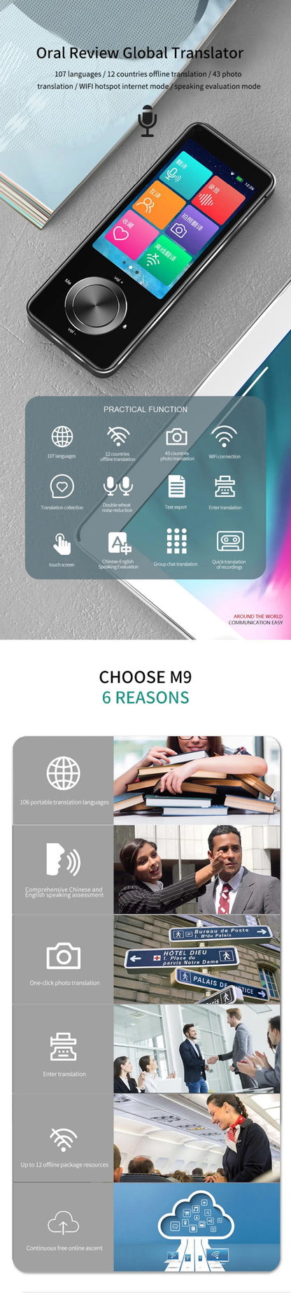 Newest M9 Instant Voice Translator – Portable Smart Language Translator, Real-Time Translation, Supports 12 Offline Languages