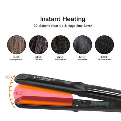 Professional Steam Hair Straightener – Ceramic Vapor Flat Iron, 450℉ Heat & Argan Oil Treatment Hair Care Tool