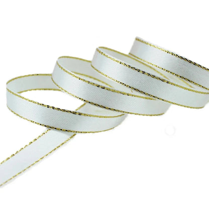 25 Yards 10mm Satin Ribbon with White & Gold Edge - High-Quality Gift Packaging Ribbon