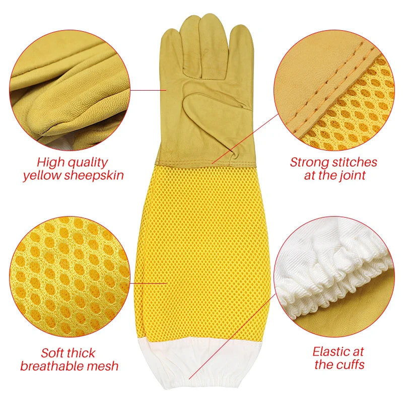 Beekeeper Gloves with Protective Sleeves - Ventilated and Professional Anti-Bee Gear for Apiculture and Beekeeping - Prevent Beehive Tools