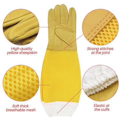 Beekeeper Gloves with Protective Sleeves - Ventilated and Professional Anti-Bee Gear for Apiculture and Beekeeping - Prevent Beehive Tools