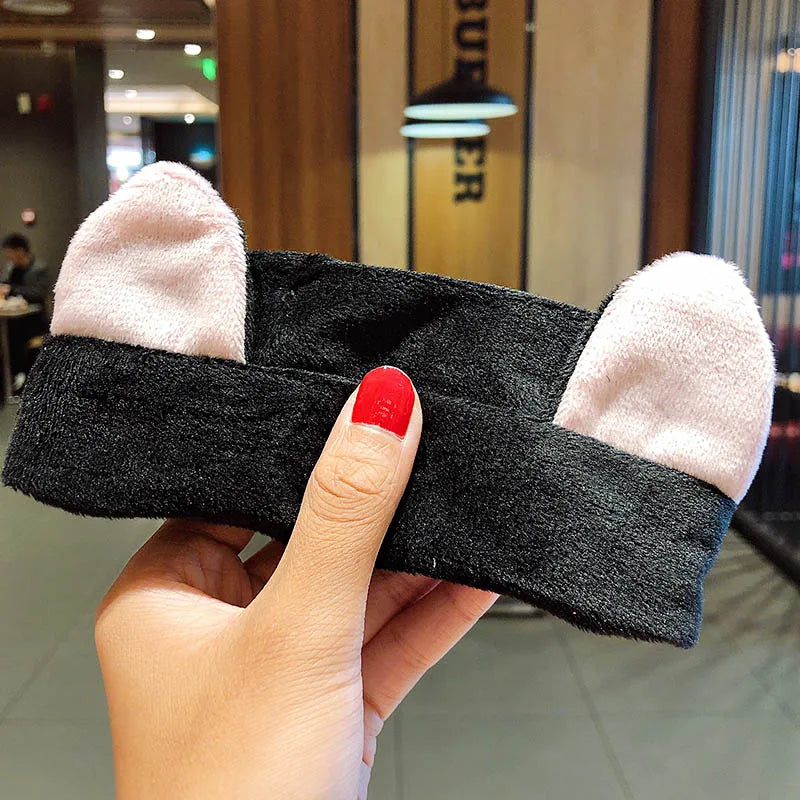 Soft Coral Fleece Bow Headband – Wash Face Hair Holder with Animal Ears for Women & Girls