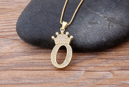 Nidin Luxury A-Z Crown Alphabet Pendant – Copper Zircon Initial Necklace Chain, Hip-Hop Style Jewelry for Men & Women
