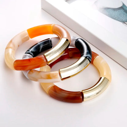 Fashion 4PCS Resin Amber Bamboo Bead Acrylic Elastic Bracelet Set — Trendy 2024 Handmade Bangles