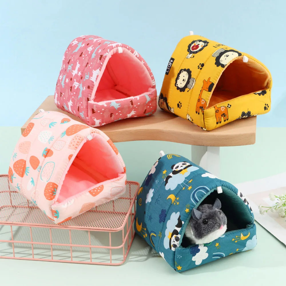 Cute Cartoon Rabbit & Squirrel Mini Pet Cage — Warm Winter Bed House for Hamsters, Mice, Rats & Guinea Pigs