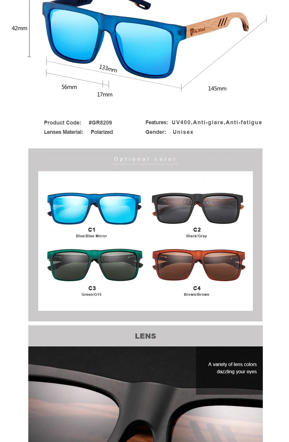 HU WOOD Square Polarized Sunglasses for Men — UV400 Fashion Sport & Driving Sun Glasses
