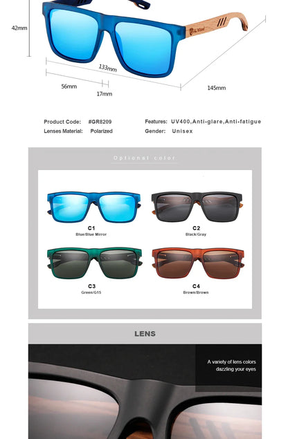 HU WOOD Square Polarized Sunglasses for Men — UV400 Fashion Sport & Driving Sun Glasses