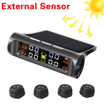 Solar Car TPMS Tire Pressure Monitoring System – 4 External Sensors with Temperature Alarm for Tyre Safety