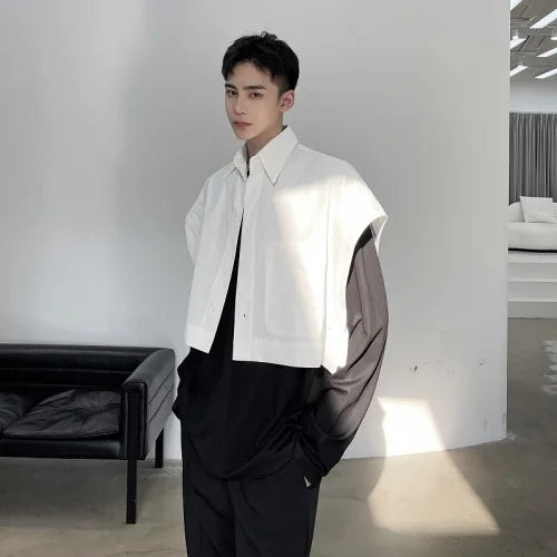 Men’s Wide Shoulder Sleeveless Shirt – Loose Casual Short Style Streetwear, Japan & Korea Fashion