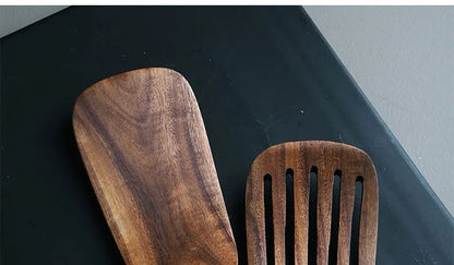 1-9pcs Teak Wood Tableware Set – Natural Wooden Cooking Spoons, Colander Spoon & Soup Skimmer Kitchen Tool Kit