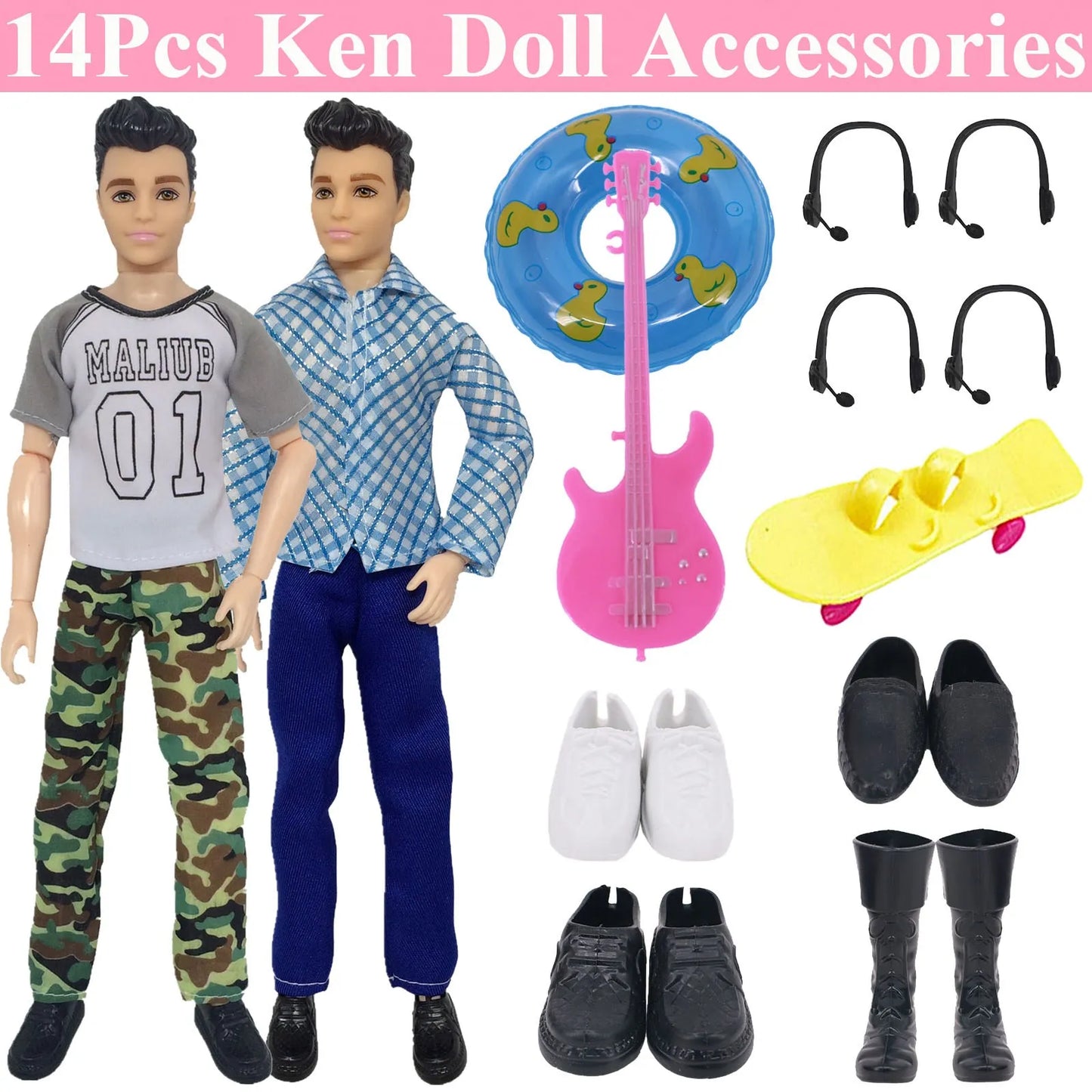 30-Piece Ken Doll Accessories Set — Clothes, Glasses, Shoes, Hangers, Guitar, Skateboard & Headsets for Barbie Dolls, DIY Toy for Girls