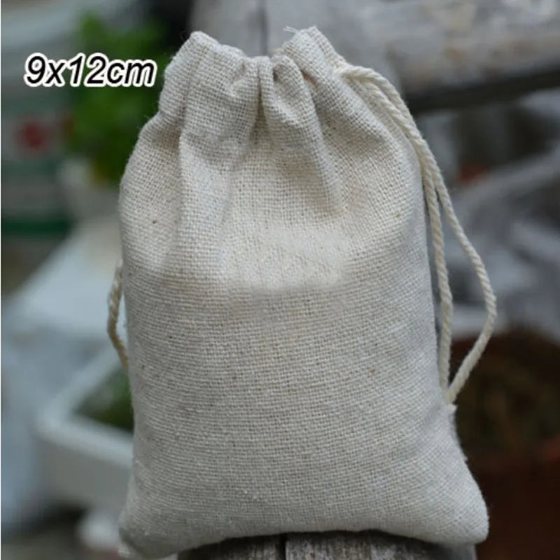 50PCS Natural Linen Gift Bags — 5×7, 7×9, 9×12cm Jute Candy & Jewelry Pouches