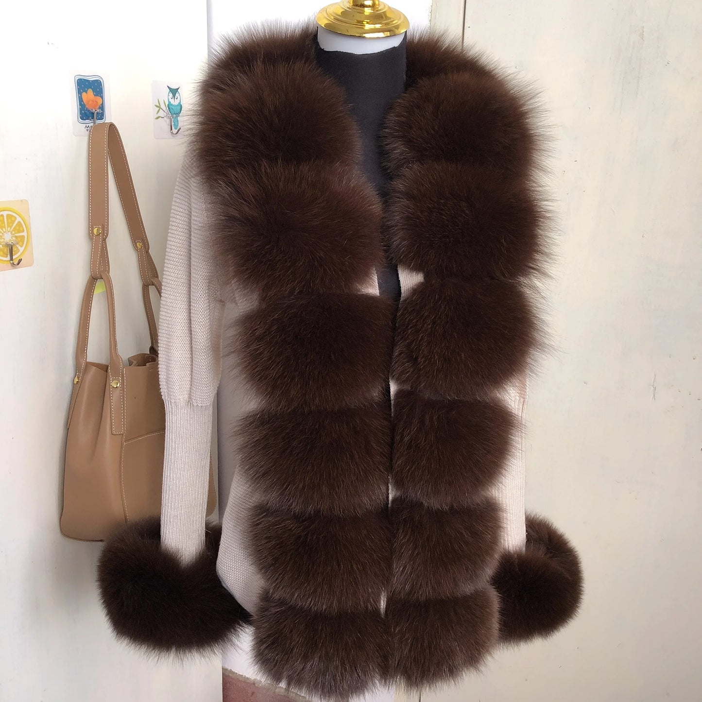 Women’s Spring & Autumn Sweater Cardigan – Real Fox Fur Collar Jacket, Natural Fur Outerwear