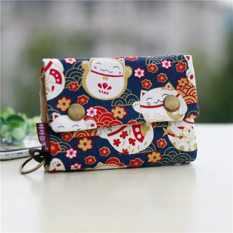 Handmade Three-Fold Fabric Wallet — Short Zipper Purse for Women & Men, Multi-Function Card & Key Holder for Teens