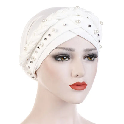 Women’s Cotton Head Scarf – Solid Turban Bonnet Hijab Cap with White Pearl Inner, Muslim Arab Wrap