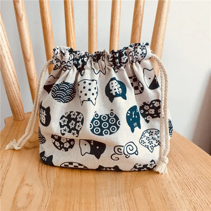 Lucky Cat Drawstring Lunch Bag — Portable Bento Box Pouch for Kids, Cooler & Picnic Food Storage