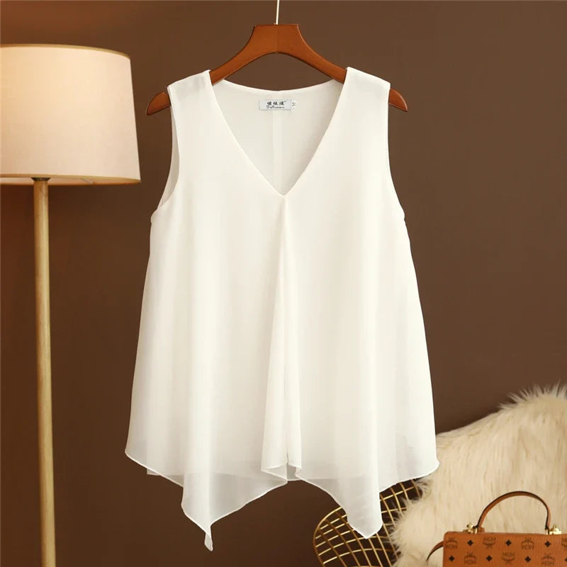 Women's Chiffon V Neck Blouse - Loose Sleeveless Plus Size Fashion Top M-5XL