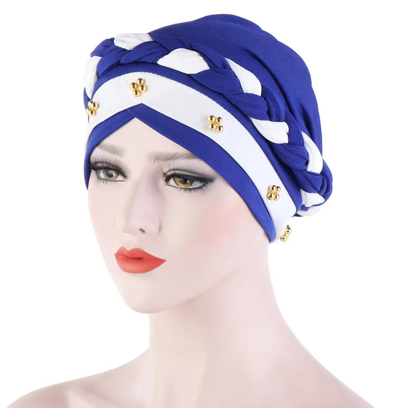 Women’s Cotton Head Scarf – Solid Turban Bonnet Hijab Cap with White Pearl Inner, Muslim Arab Wrap