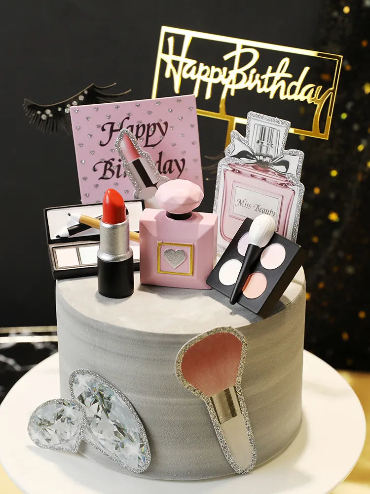 Mom Ever Cosmetics Cake Topper - Perfumes, Lipstick, Foundation Cake Decoration for Lady's Happy Birthday Party Dessert Decor