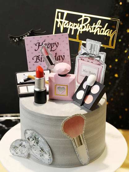 Mom Ever Cosmetics Cake Topper - Perfumes, Lipstick, Foundation Cake Decoration for Lady's Happy Birthday Party Dessert Decor
