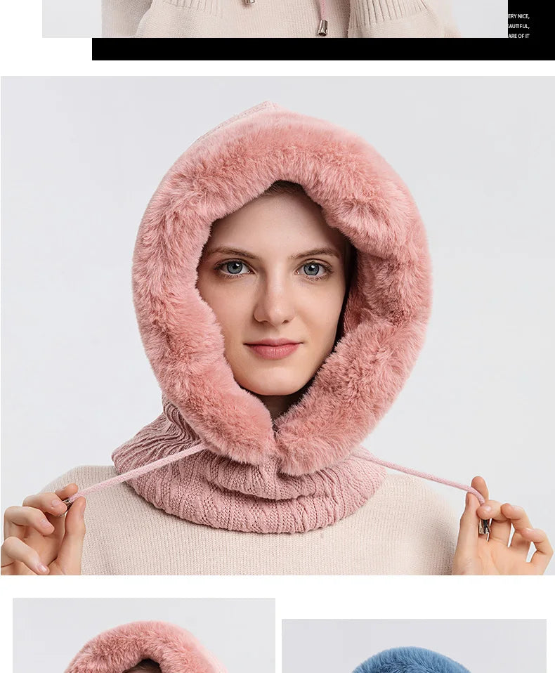 Winter Fur Cap Mask Set – Hooded Knitted Cashmere Neck Warmer, Plush Windproof Balaclava Ski Beanie for Women
