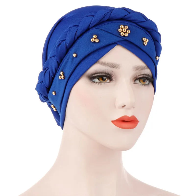 Women’s Cotton Head Scarf – Solid Turban Bonnet Hijab Cap with White Pearl Inner, Muslim Arab Wrap