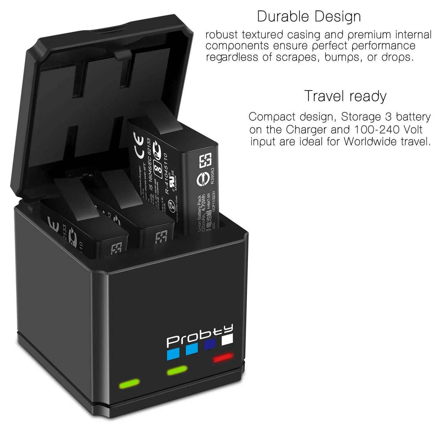 Original Probty Battery & Triple Charger for GoPro Hero 7/6/5 Black – Camera Power Accessory