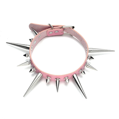 Punk Long Spike Choker – Studded Faux Leather Collar for Men & Women, Goth Rivet Necklace