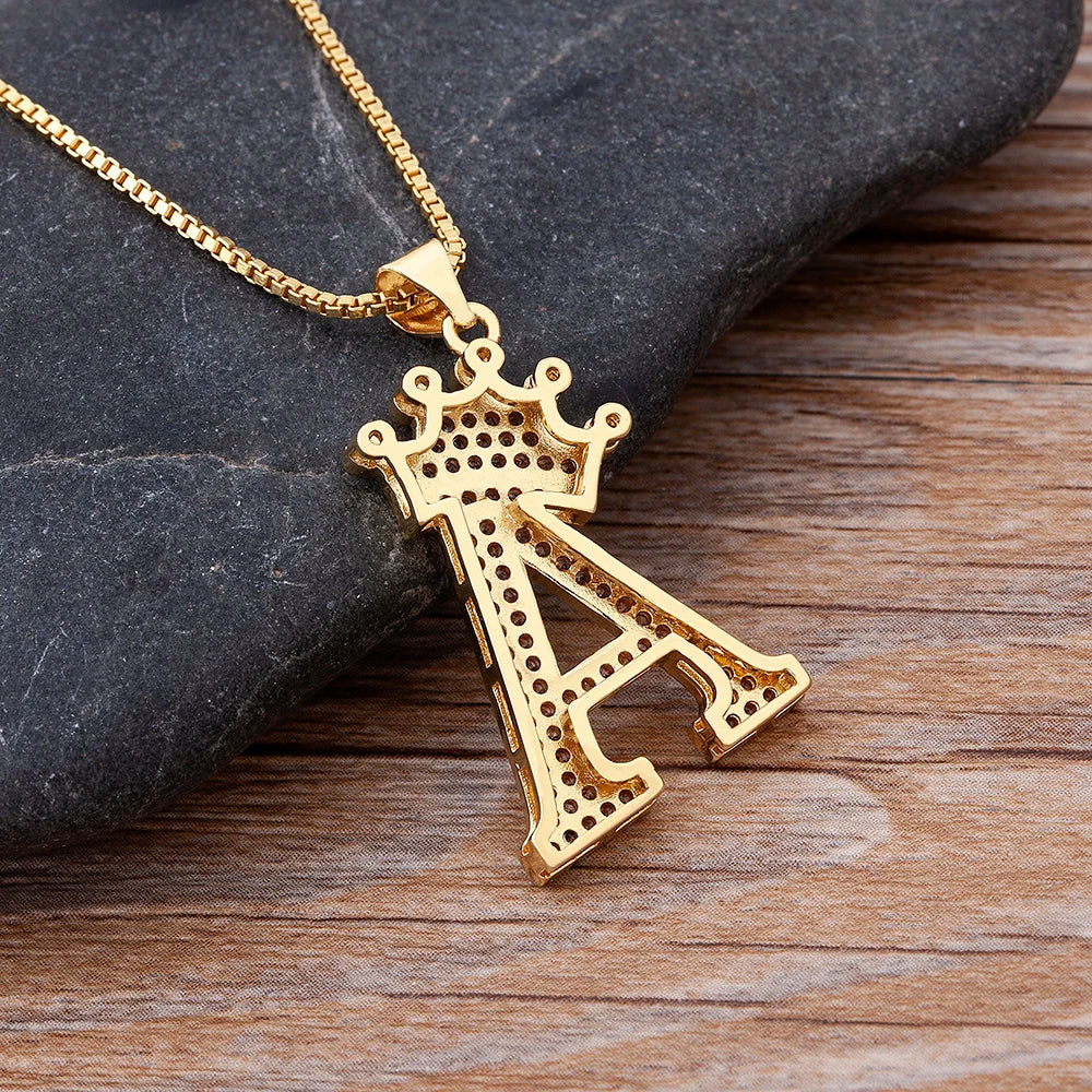 Nidin Luxury A-Z Crown Alphabet Pendant – Copper Zircon Initial Necklace Chain, Hip-Hop Style Jewelry for Men & Women