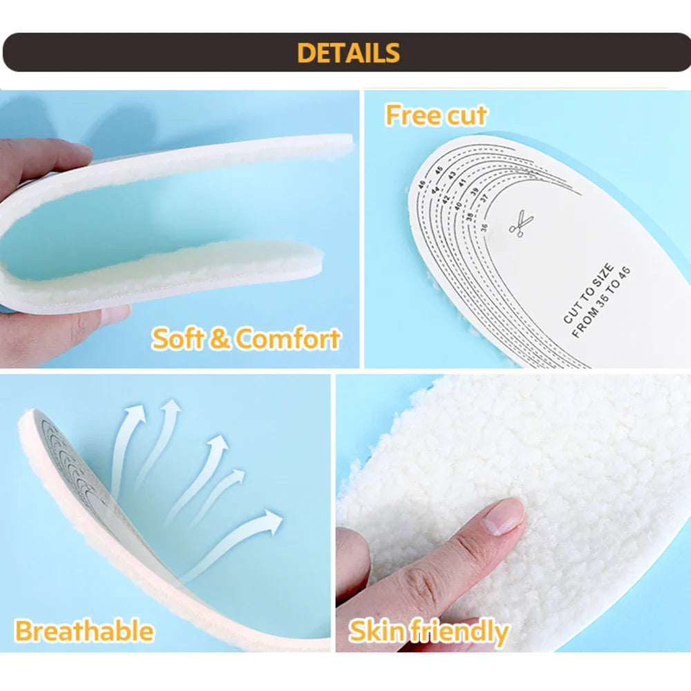 Wool Heated Insoles for Kids & Adults – Thermal Thickened Artificial Cashmere Shoe Inserts for Winter Snow Boots