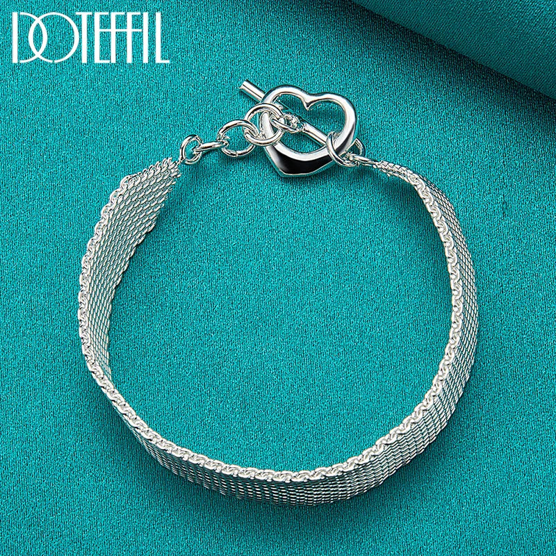 DOTEFFIL 925 Sterling Silver Heart Bracelet – Watchband Style Chain Jewelry for Men & Women