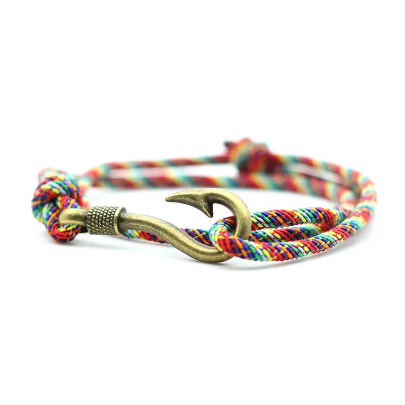 Vintage Fish Hook Men's Bracelet – Double Layer Braided Lucky Wine Red Adjustable Bracelet, Gift for Him