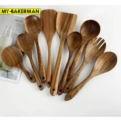 1-9pcs Teak Wood Tableware Set – Natural Wooden Cooking Spoons, Colander Spoon & Soup Skimmer Kitchen Tool Kit