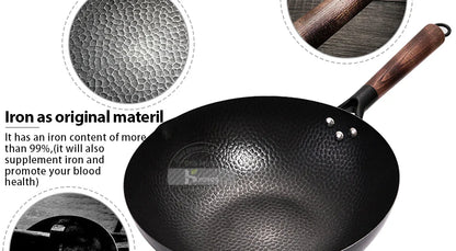 Konco 32cm Cast Iron Wok – Non-Coated Chinese Cookware Pan for Gas & Induction Kitchen Use
