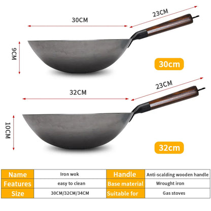 Hand Forged Household Iron Wok, Pure Iron Pan with Wooden Handle, Non-Coating, Non-Stick, for Gas Cooker