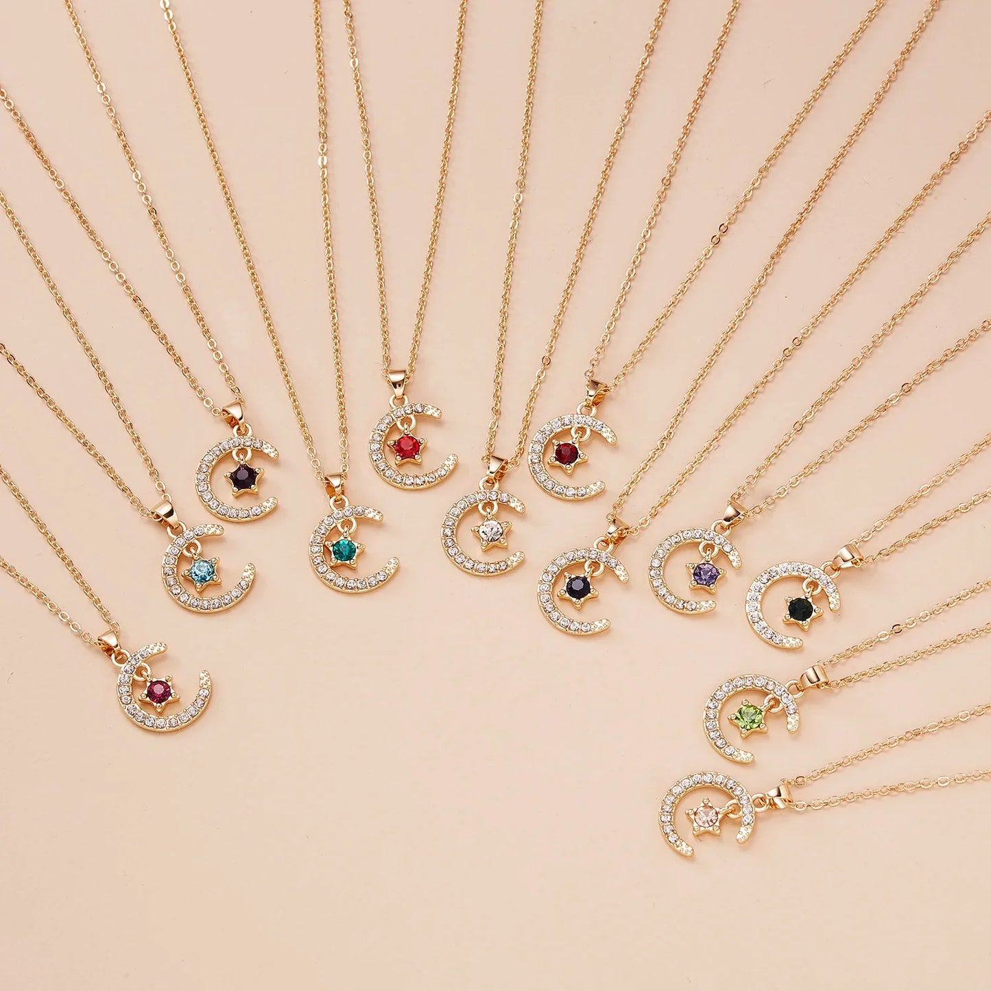 Fashion Birthstone Moon & Star Crystal Pendant Necklace – Women’s Clavicle Chain Choker Jewelry Gift for Parties & Birthdays