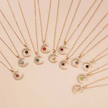 Fashion Birthstone Moon & Star Crystal Pendant Necklace – Women’s Clavicle Chain Choker Jewelry Gift for Parties & Birthdays