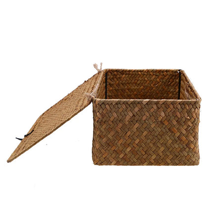Rectangular Hand-Woven Rattan Wicker Storage Basket - Desktop Organizer for Sundries and Clothes Container