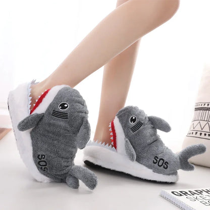 Feerldi Shark Winter Slippers — Cartoon Anime Slip-On Fish Slides for Girls, Boys & Women, Plush Open-Mouth Cotton Shoes