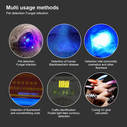 365 UV Veterinary Wood Lamp - Pet Fungus Detection Waterproof Flashlight with Ultraviolet Light for Cat Moss and Tinea Detection - Black Mirror Included