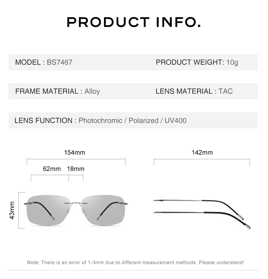 CAPONI Square Photochromic Polarized Sunglasses for Men - Rimless, Classic Design, UV400 Protection Eyewear (BS7467)
