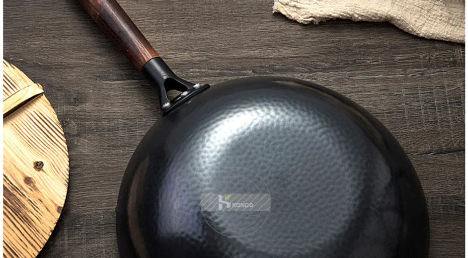 Konco 32cm Cast Iron Wok – Non-Coated Chinese Cookware Pan for Gas & Induction Kitchen Use