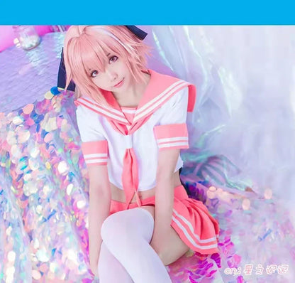 Fate Grand Order Astolfo Cosplay Costume – Fate Apocrypha Rider JK Uniform Sailor Suit Skirt for Women, Halloween