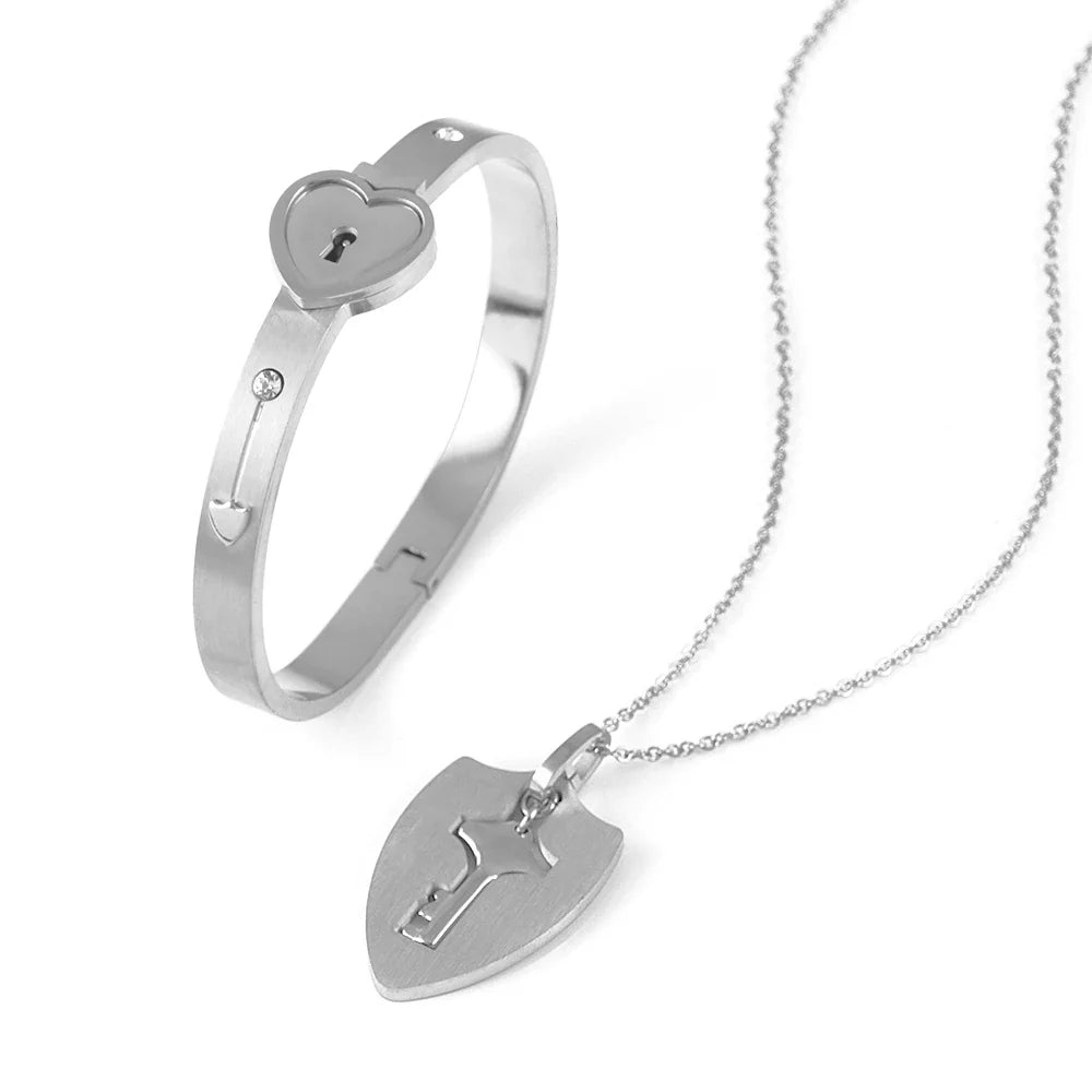 Couple Jewelry Set – Stainless Steel Love Heart Lock Bracelets & Key Pendant Necklace for Men & Women Gift