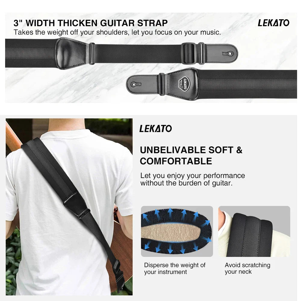 LEKATO LGS-2 Bass Guitar Strap – Adjustable Cowhide Strap with 6 Picks, Acoustic & Electric Bass Guitar Belt, Accessories