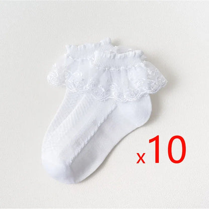 10-Pair Baby Girls’ Lace Ruffle Socks - Breathable Cotton Ankle Socks for Toddlers & Kids