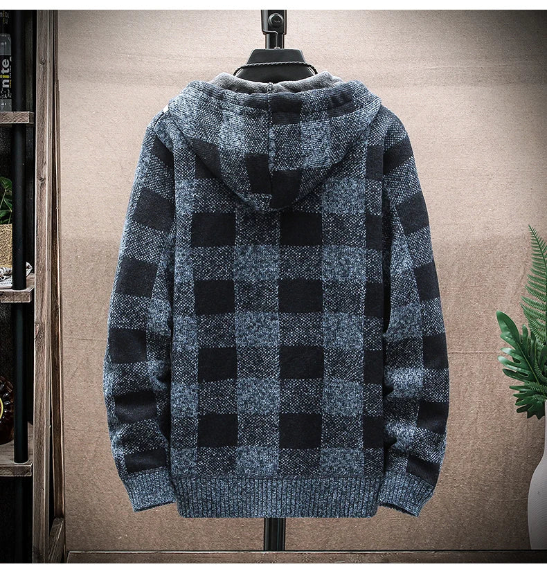 Men's Winter Plaid Hooded Cardigan – Warm Wool Fleece Zipper Jacket Knit Sweater Coat